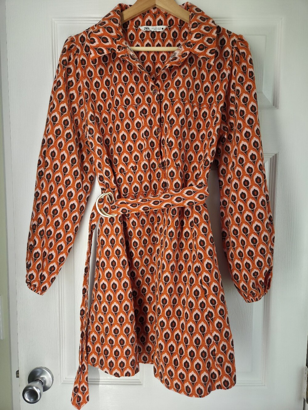ZARA ✨️ Women's Retro Orange Patterned Shirt Dress with Belt Size L